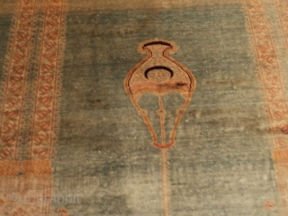 #7297 Antique silk Sivas Turkish
 Rug
This circa 1880 silk Sivas prayer rug measures 4’2’ X 5’5’. It is the coupled column variety on a turquoise ground with a nice abrash running through  ...
