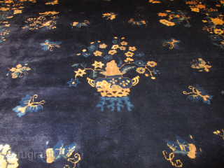 Antique Peking Chinese Oriental Rug 9’2” x 11’7” #7945 This circa 1900 Peking Chinese Oriental rug measures 9’2” x 11’7”. It has a deep indigo background. The motif has a planted pot  ...