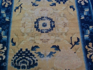 #5935 Antique Ningxia Chinese Rug
This circa 1800 Ningxia antique Chinese Oriental Carpet measures 2’11” x 5’2”. It has a center medallion in ivory with a blue center with either blue or pink  ...