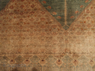 This circa 1880 silk Sivas prayer rug #7297 measures 4’2’ X 5’5’. It is the coupled column variety on a turquoise ground with a nice abrash running through it.  The spandrels  ...