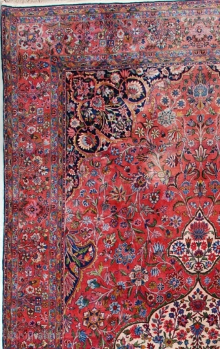  This circa 1920 antique Kashan Persian Oriental carpet measures 9’6” X 19’10” (292 x 609). This carpet of unbelievable quality is woven with Manchester wool. It has a large pulled medallion  ...