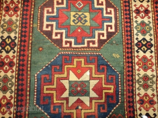 #7198 Kazak Antique Caucasian Rug
This third-quarter 19th-century Kazak measures 4’2” X 8’5” (128 x 259cm). It has four memling gul medallions, one on a blue ground, one on an aubergine ground, one  ...