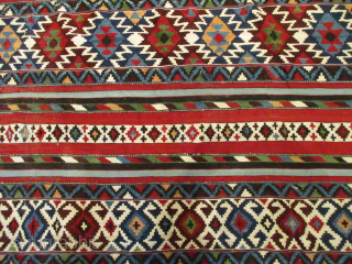 his late 19th century Caucasian Shirvan Kilim Oriental Rug #8013 measures 5’2” X 8’7”. It is woven in sparkling beautiful primary colors in a motif of stripes and bands with the background  ...