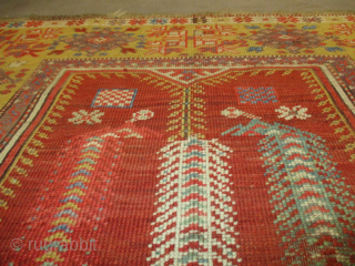 This circa 1850 Melas Turkish antique Oriental Rug #8230 measures 3’ 5” X 4’ 9”. It has a very unique design I have never seen before. The Melas red field has a  ...