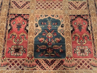 This circa 1925 Persian Laver Kerman antique Oriental rug measures 11’6” X 15’10”. This is a very interesting rug. It has a garden design consisting of six rows of squares. Rows 1,  ...