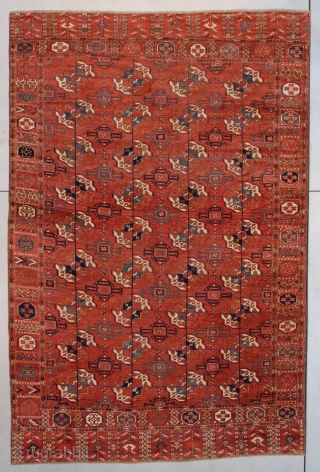 This circa 1800 Tekke #7481 antique Oriental carpet measures 6’2” x 9’6” (189 x 290 cm). This rug has quite a few very interesting elements beginning with the elams which are very  ...