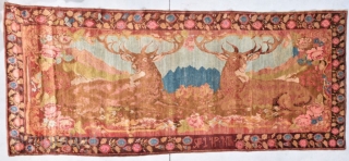 This circa 1900 oversized Armenian Carpet #8106 measures 5’2” X 12’4”. It has two reclining stags with huge antlers staring out at the room as they relax in a forest setting with  ...