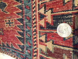 This antique Shirvan #7853 dated 1913 in five places measures 4’0” X 5’9”. The field of the rug is divided into thirds. The top and bottom third have a red ground. The  ...