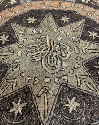 This late 19th to early 20th century metal Ottoman Table cover #8114 has a five star center medallion containing a tugra inside a circle outlined in Turkish writing on a tarnished silver  ...