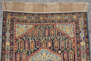 Antique Shirvan/Baku 4’11” x 13’8″ #8125 This 3rd quarter 19th century Shirvan is most probably Baku from Azerbaijan measures 4’11” x 13’8″. To me the blue is the giveaway to Baku. i  ...
