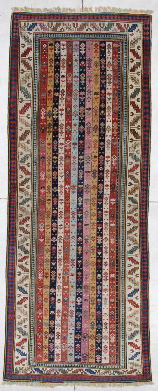 his circa 1850 or older antique Caucasian Shirvan runner measures 3’7” X 9’4”. It has twelve stripes in eleven different colors. This is the finest woven Shirvan of its type I have  ...