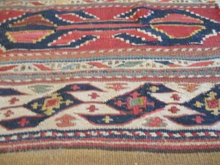 This end of the 19th century Shirvan Kilim rug measures 2’9” X 3’4”. It has red and white stripes. The ivory stripes are woven in Sumac motif. The red stripes are kilim.  ...