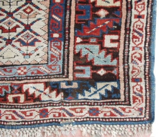 #6160 Kuba Antique Caucasian Rug 
This circa 1880 Kuba antique Oriental Rug measures 3’5” X 5’4”. It has a lattice design containing different colored flowers on an ivory field. The border is  ...