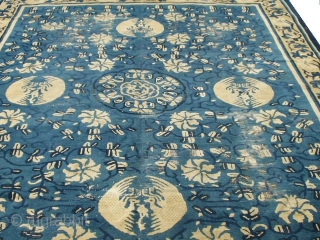 #6232 Very Antique Peking Chinese
This circa 1850 very Antique Peking Chinese rug measures 8’10” x 11’5”. It has a dark blue to indigo vine design with ivory flowers completely covering the light  ...