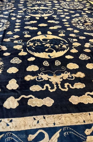 #7080 Antique Peking Chinese Rug 14’0″ X 15’5″
This circa 1860 antique Peking Chinese Oriental carpet rug measures 14’0” x 15’5” (425 x 471 cm). It has a navy blue ground with six ...