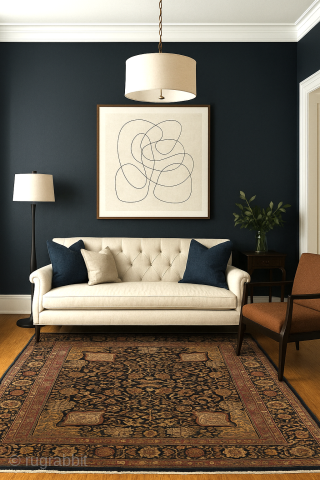 This Amritsar carpet #7293 measures 7’3” x 9’9” (222 x 301 cm). It is extremely finely woven from the finest pashmina wool. It has a dark blue center with a very complicated ...