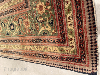 This circa 1890 antique Fereghan Sarouk #7631 Oriental Carpet measures 5’9’ X 8’0” (179 x 243 cm). It has a beautifully drawn Herati motif in pale blue and rust on a dark ...