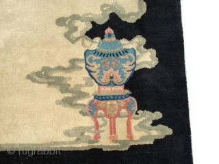 #6515 Antique Art Deco Chinese Rug 
This circa 1920 Peking weave Art Deco rug measures 3’1” x 5’0”. In the lower right corner is an incense burner in blue, green, brown and  ...