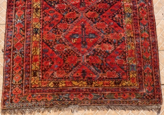 Ersari Beshir Main Carpet,10.8 x 4.9ft. (330 x 150 cm) circa 1880 Classic design with six linked medallions on a mixed blue   and dark brown ground.  Main border with  ...