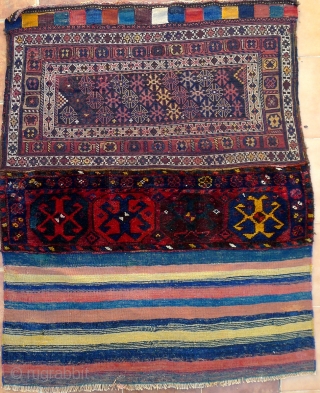 Luri/Bakhtiyari Storage bag, 100 x 120 cm. Around 1900, with piled and soumak flatwoven section, striped kilim backside. In excellent full piled condition.          