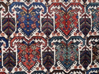 Afshar rug, probably Aqta, 198 x 146 cm. (6,5ft x 4.8ft) Early 20 th. century The white ground with  shield design, consisting of stylised lotus blossoms, flanked by trees. Good, strong  ...