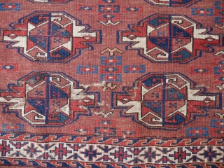 Yomud Chuval, 110 x 80 cm. 3 rd. qtr. of 19 th. century. 3 x 3 Gul design with some simple, elementary sub-guls, indicative of good age. Three kinds of blue: dark  ...