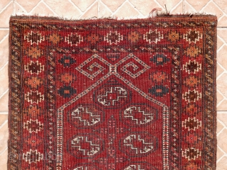 An Antique Ersari (Beshir) Prayer rug with ram's horn design. 112 x 84 cm (3.7ft x 2.75ft.) The border with" dogajik" motifs with a nice, natural rusty orange colour.    