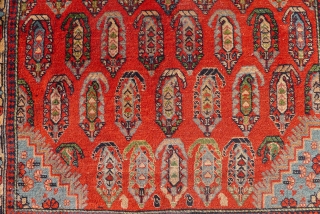 An antique  Chila Shirvan rug, Baku region, SE Caucasus. 6.7ft x 4 ft. Around 1900. The design with a small stepped ivory medallion, surrounded by boteh motifs on a red madder  ...