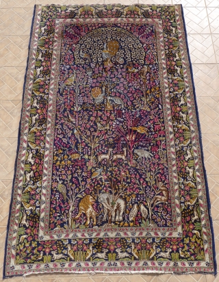 Kerman/ Kirman Ravar, Garden of Paradise rug.  7.8 ft x 4.8ft. (238 x 146 cm.) early 20 th. century.
Extraordinary composition with lavish details of flowers, birds, trotting deer, a lion and  ...