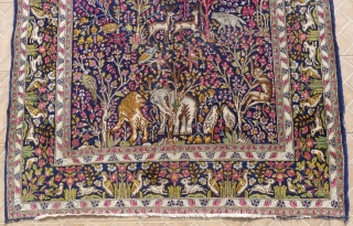 Kerman/ Kirman Ravar, Garden of Paradise rug.  7.8 ft x 4.8ft. (238 x 146 cm.) early 20 th. century.
Extraordinary composition with lavish details of flowers, birds, trotting deer, a lion and  ...
