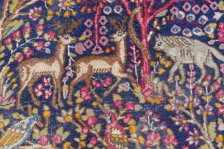 Kerman/ Kirman Ravar, Garden of Paradise rug.  7.8 ft x 4.8ft. (238 x 146 cm.) early 20 th. century.
Extraordinary composition with lavish details of flowers, birds, trotting deer, a lion and  ...