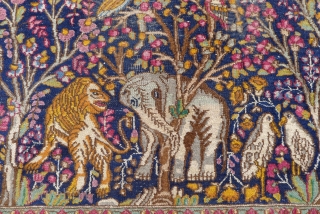 Kerman/ Kirman Ravar, Garden of Paradise rug.  7.8 ft x 4.8ft. (238 x 146 cm.) early 20 th. century.
Extraordinary composition with lavish details of flowers, birds, trotting deer, a lion and  ...