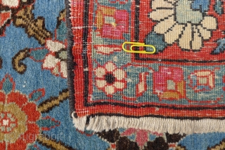 A Najafabad-Isfahan "Mina Khani" design rug, about 60 y.o. 160 cm. x 106 cm.
fine and tight weave. Lovely sky blue ground colour. Shortly cropped to enhance the precision and fineness of the  ...