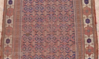 Afshar Rug, Bardsir.  265 x 145 cm. Around 1875. Allover ¨fish¨design with attractive with ground border. Original kilim ends. Condition: Overall low pile with some corner and side-cord damage.   