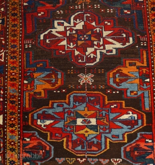 Veramin long rug. 100 x 370 cm. Late 19 th.. Characteristic Veramin area rug with distinct Turkoman features.
In general good condition with some wear and corrosion of the dark brown ground color.  ...