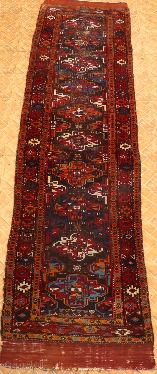 Veramin long rug. 100 x 370 cm. Late 19 th.. Characteristic Veramin area rug with distinct Turkoman features.
In general good condition with some wear and corrosion of the dark brown ground color.  ...