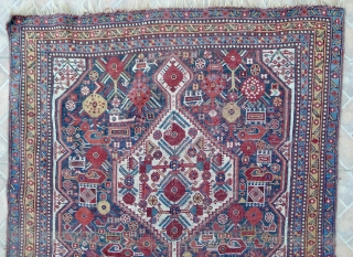 Qashqai Rug 3.4 ft. x 5.1ft. (104 x 156 cm) late 19 th. century Twin medallion type with poppy flowers and other floral motifs. tight weave. Fabulous colours: cherry red, mustard yellow,  ...