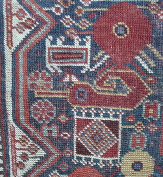 Qashqai Rug 3.4 ft. x 5.1ft. (104 x 156 cm) late 19 th. century Twin medallion type with poppy flowers and other floral motifs. tight weave. Fabulous colours: cherry red, mustard yellow,  ...