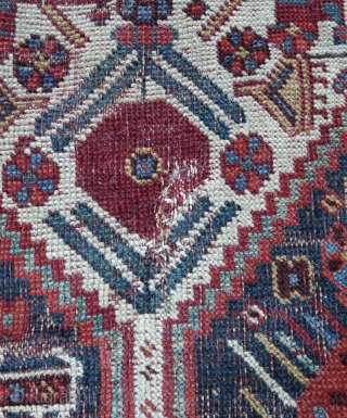 Qashqai Rug 3.4 ft. x 5.1ft. (104 x 156 cm) late 19 th. century Twin medallion type with poppy flowers and other floral motifs. tight weave. Fabulous colours: cherry red, mustard yellow,  ...