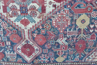 Qashqai Rug 3.4 ft. x 5.1ft. (104 x 156 cm) late 19 th. century Twin medallion type with poppy flowers and other floral motifs. tight weave. Fabulous colours: cherry red, mustard yellow,  ...