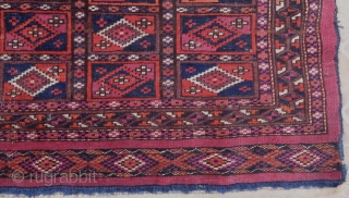 Salor Torba, 125 x 45 cm. late 19 th. cent. The design with a rectangular field with "Aina" Gols  on a burgundy (cochineal) red ground. Original selvedges. Fine a-symetrical weave with  ...