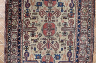 An antique  Perpedil rug.
Size: 3.6 ft. x 6 ft. (111 cm. x 185 cm.)
The design with bold ram's horns and resting camels on an attractive ivory ground.
Well-balanced design with beautiful and  ...