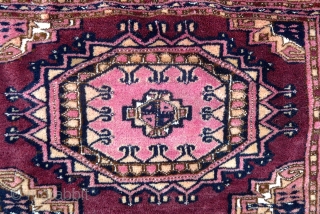 Saryk Chuval, 4.9ft x 2.9ft (148 x 90 cm) late 19 th. century. Majestic Salor Gul design on a dark brown ground.
Interesting elim motifs, which appear to be human shapes. Fine and  ...