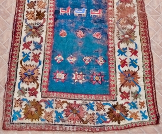 Talish Long Rug  9.5ft x 3.9ft. (290 cm x 120 cm ) circa 1880 or earlier. The abrashed field that ranges from mid to dark blue and sea-green. The ground decorated  ...