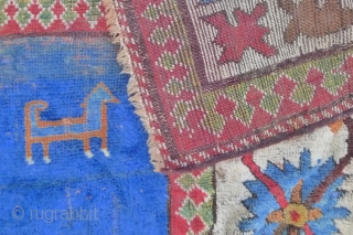 Talish Long Rug  9.5ft x 3.9ft. (290 cm x 120 cm ) circa 1880 or earlier. The abrashed field that ranges from mid to dark blue and sea-green. The ground decorated  ...