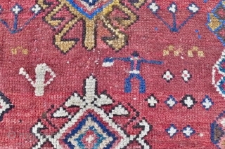 Genje Rug,  5.4ft x 4 ft. (166 x 120 cm.) 19 th. century.  Distinct antique Genje rug:  fairly loosely woven  on a primitive, nomadic loom. The madder red  ...