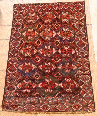 Antique Ersari Beshir Main Carpet. Turkestan, Khanate of Bochara region.
 3rd. qtr. 19 th. century or earlier.
Size:  5.25ft. x 7.4ft.  (160 x 225 cm.)

Overall "Gaimak-Gol" design, which are motifs derived  ...