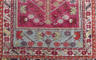 Kirshehir Prayer rug, 3 rd qtr. 19th. C.
Size: 5.4 x 3.4ft. Pale blue ground with a vivid cochineal purple-red mihrab.
Original double side cords.
Slight overall wear and a bit reduced at the lower  ...