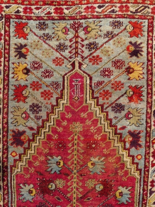 Kirshehir Prayer rug, 3 rd qtr. 19th. C.
Size: 5.4 x 3.4ft. Pale blue ground with a vivid cochineal purple-red mihrab.
Original double side cords.
Slight overall wear and a bit reduced at the lower  ...