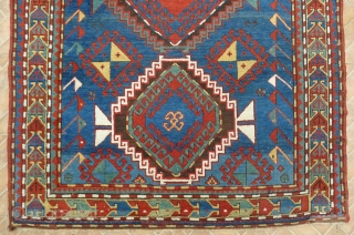 Kazak Rug, possibly Shulaver area. 218 x 145 cm. (7.15ft x 4.75ft) late 19 th. century. The design with typical hooked and crossed lozenges.  Attractive border with stylized bird in flight  ...